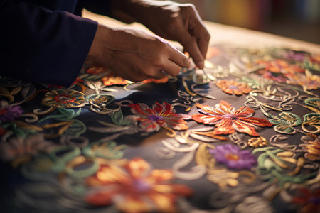 Close-up of hand of indian craftsman working with flower patternの素材