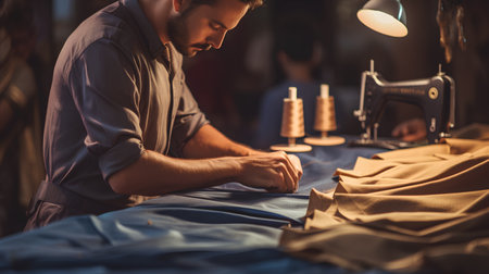 Fashion designer working on a new collection of clothes in his studioの素材