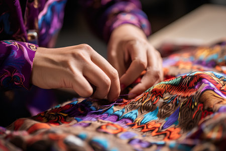Close-up of the hand of a woman sewing a colorful scarfの素材