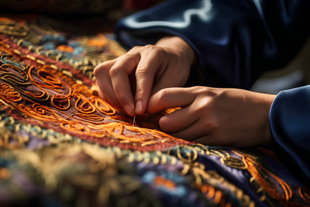 Close-up of the hands of a young woman embroideryの素材