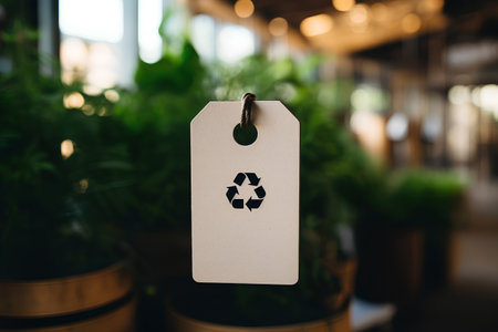 Blank tag with recycle symbol on blurred background. Recycling and environment concept.の素材