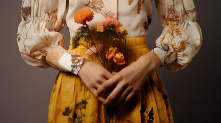 Hands of a girl in a yellow dress with a bouquet of dried flowersの素材