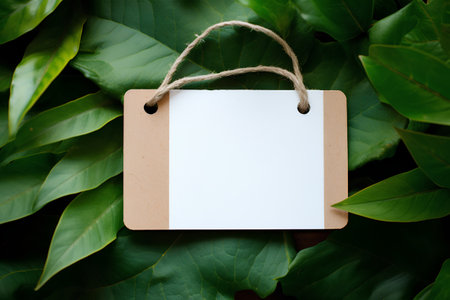 Blank price tag on green leaves background. Mockup for designの素材