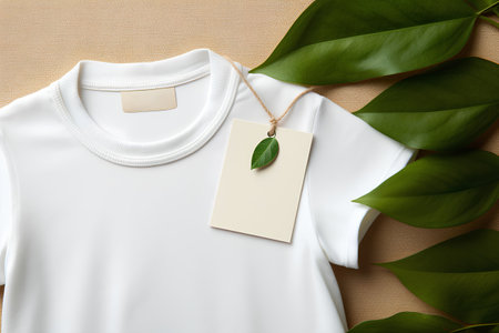 White t-shirt mockup with blank label and green leaves, top viewの素材