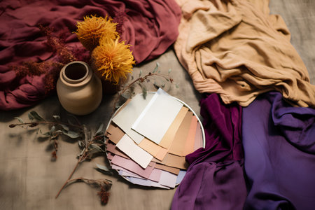 Sewing and tailoring concept. Colorful fabric samples, tools, accessories on wooden backgroundの素材