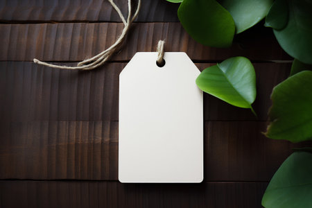 Blank price tag with green leaves on a dark wooden background.の素材