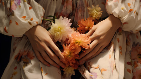 Hands of a girl in a floral dress with flowers on a black backgroundの素材