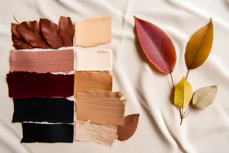 collage of autumn leaves and palette swatches on satin backgroundの素材