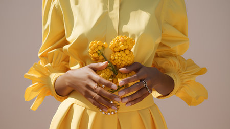 Fashionable african american woman with yellow flower in her handの素材
