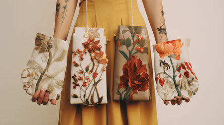 cropped view of woman in yellow dress holding shopping bags with flowers isolated on greyの素材