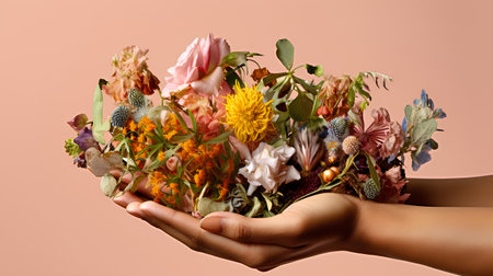 Hand holding a bouquet of dried flowers on a pink background.の素材