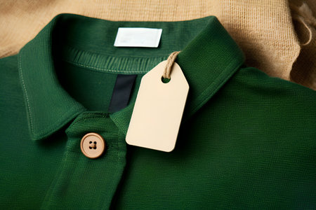 Green polo shirt with blank label on sackcloth background, closeupの素材