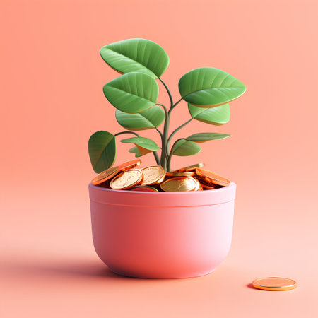 Investment concept, Coins in pot with plant. 3d renderの素材