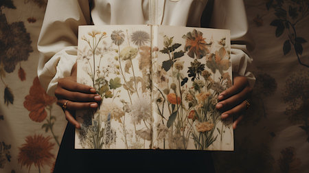 Hands of a young woman holding a book with a floral patternの素材