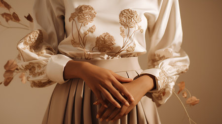 Closeup of a young woman holding a bouquet of dried flowersの素材