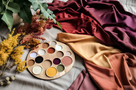 Watercolors palette on fabric background. Flat lay, top viewの素材