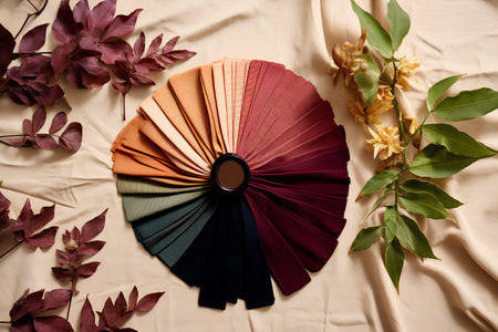 Flat lay of colorful paper fan on beige fabric background.の素材