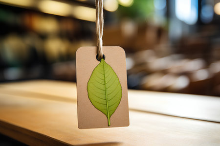 Label With Leaf On Wooden Table In Coffee Shop, 3D Renderingの素材