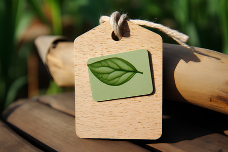 Label With Green Leaf On Wooden Background. Organic Natural Product. Eco Concept.の素材