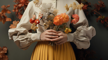 Beautiful young woman with autumn flowers in her hands. Studio shot.の素材