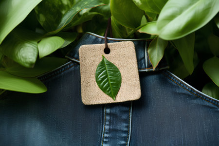 Leaf tag on jeans pocket with green plant background. Zero waste concept.の素材