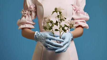 Hands in blue gloves hold a bouquet of white flowers.の素材