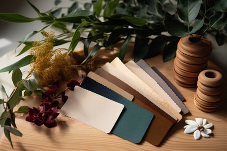 Spa and wellness setting with green and brown towels on wooden table.の素材