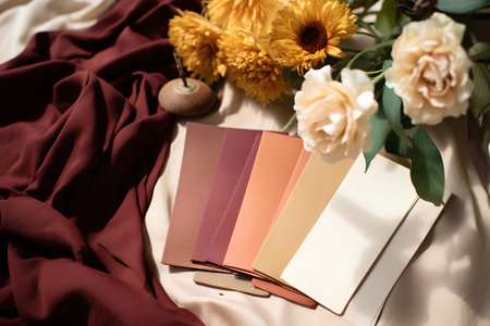 Composition with books and flowers on fabric background. Flat lay.の素材