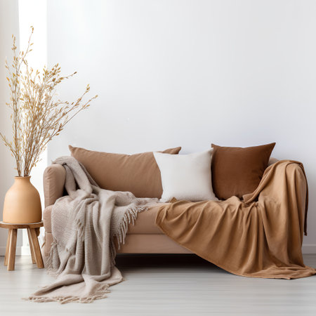 Modern interior with brown sofa and pillows. 3d render illustrationの素材