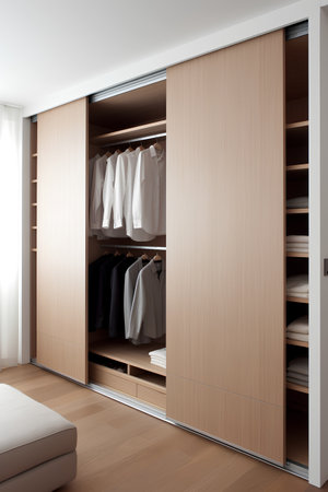Interior of a modern wardrobe. 3D rendering. Wooden wardrobe.の素材