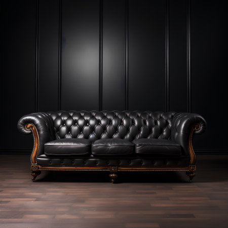 Luxury leather sofa in black interior with wooden floor. 3d renderの素材