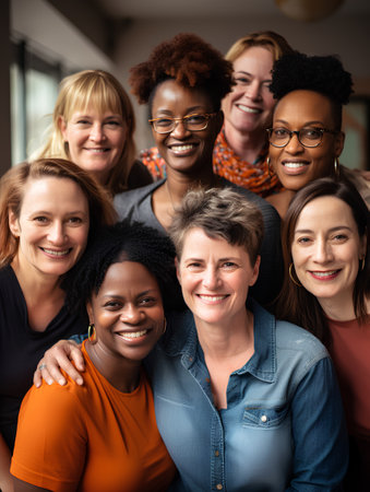 Group of diverse women standing together in a row smiling at the cameraの素材