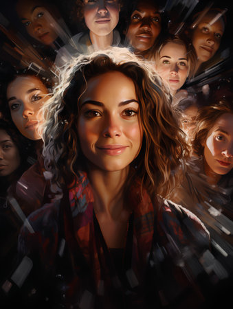 Portrait of a beautiful woman surrounded by many people on a dark background.の素材