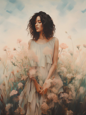 Portrait of a beautiful brunette woman in a field of flowersの素材