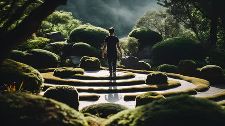 Man standing in the garden and looking at the beautiful landscape of nature.の素材