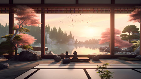 3d render of japanese style window overlooking the lake.の素材