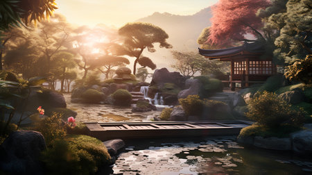3d render of a Japanese garden with pond and bridge at sunsetの素材