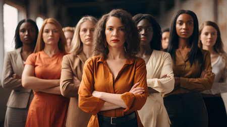 Group of multiethnic businesswomen standing with arms crossed in office.の素材