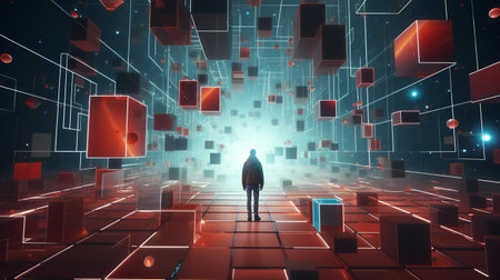 Man in front of a wall with glowing cubes. 3D renderingの素材