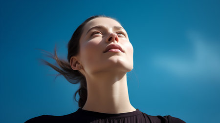 Portrait of a beautiful young woman with flying hair over blue backgroundの素材