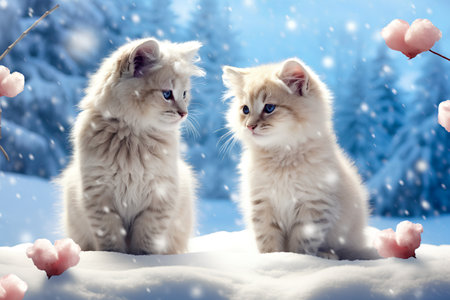 Two kittens sitting in the snow with pink flowers. Winter background.の素材