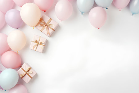 Gift boxes and balloons on white background. Flat lay, top view.の素材