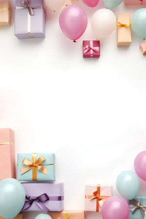 Birthday background with gift boxes, balloons and ribbons. Vector illustration.の素材