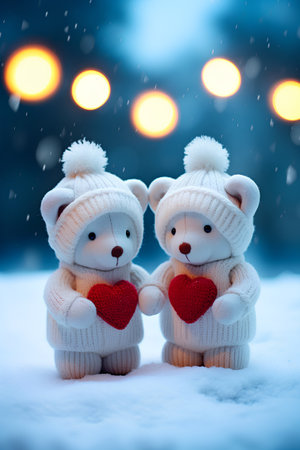two teddy bears holding hands in the snow with bokeh backgroundの素材