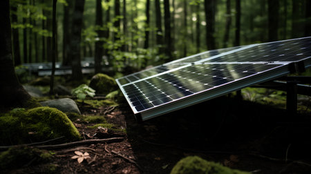 Photovoltaic panels in the forest. Alternative energy source.の素材