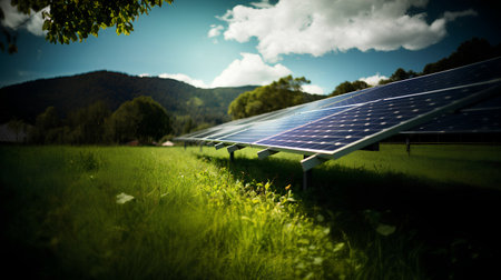 solar energy panels in green field with mountains and blue sky backgroundの素材