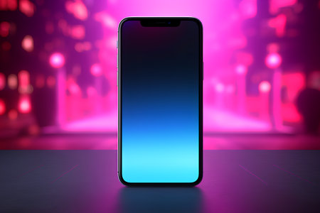 Smartphone with blue screen on blurred city background. 3D Renderingの素材