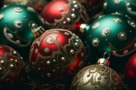 Christmas background with red and green baubles. Toned.の素材