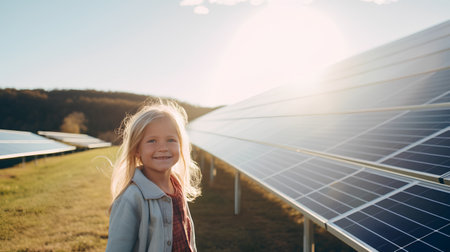 Cute little girl with blond hair and blue eyes looking at camera and smiling while standing in front of solar panels outdoorsの素材