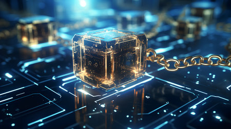 3d rendering of a black cube on a circuit board with a chainの素材